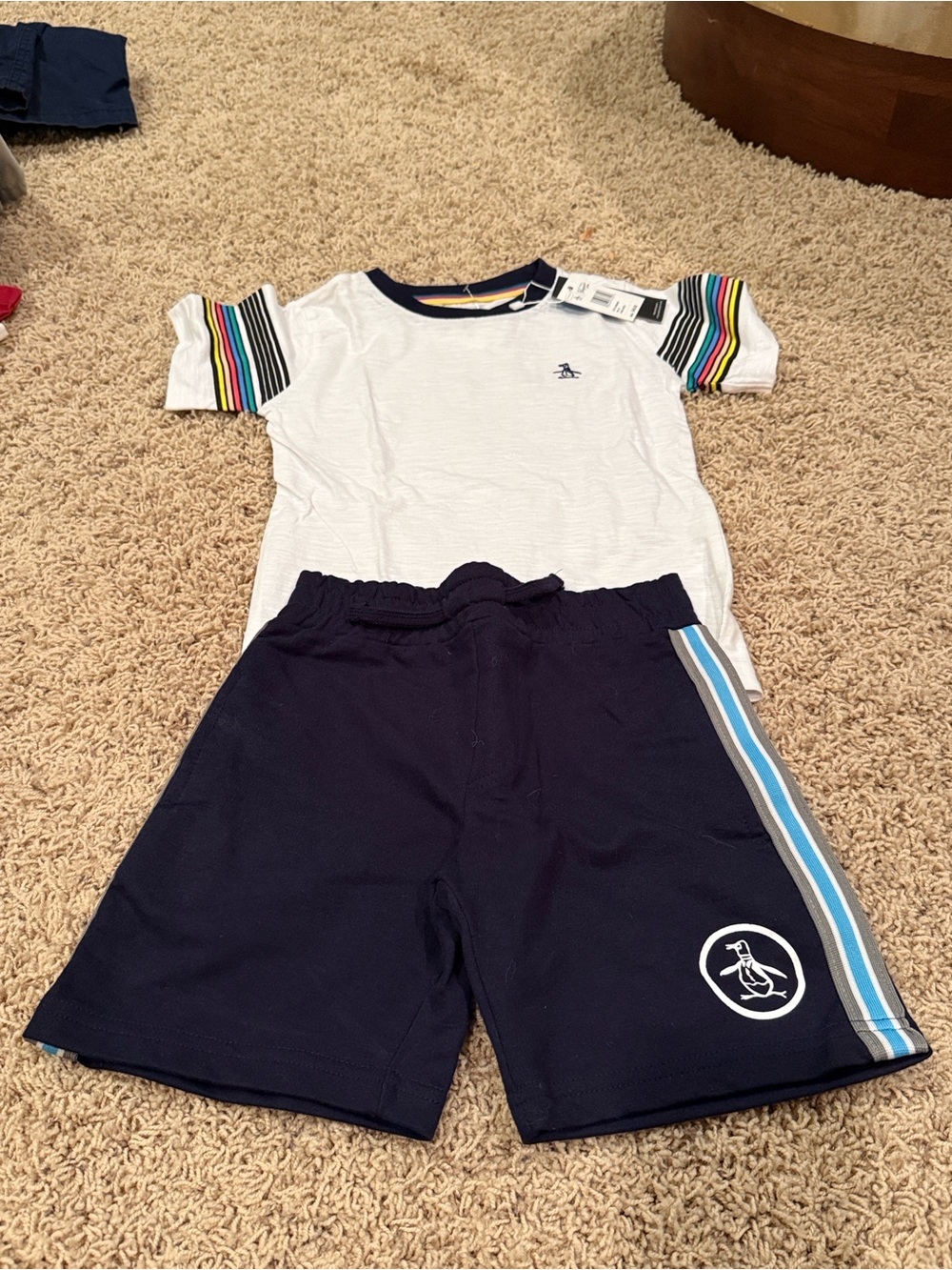 Original Penguin White Tee with Rainbow Sleeve Accents & Navy Shorts